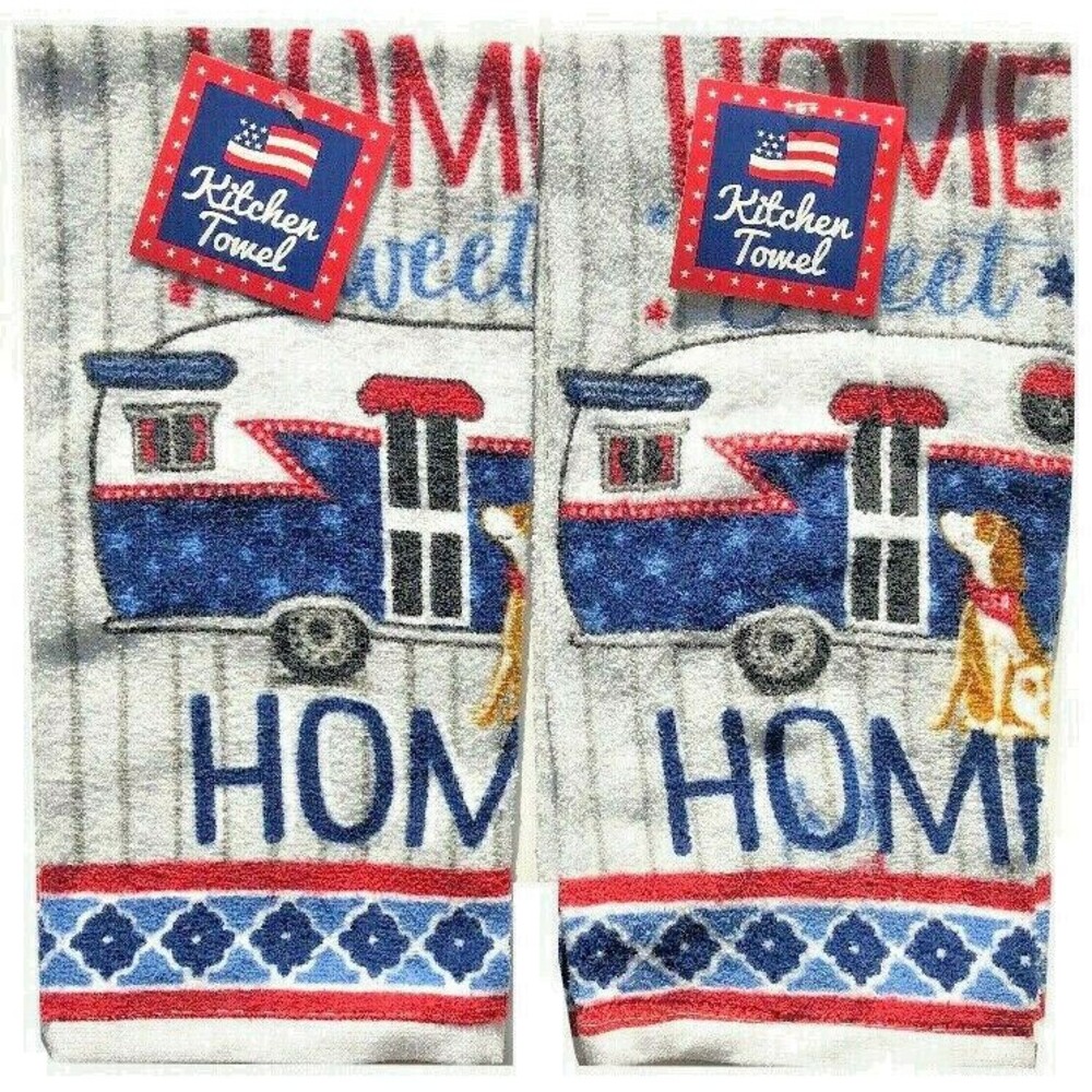 Camper RV Summer Dish Towels Cotton Home Sweet Home Red White Blue Set of 2 Dog